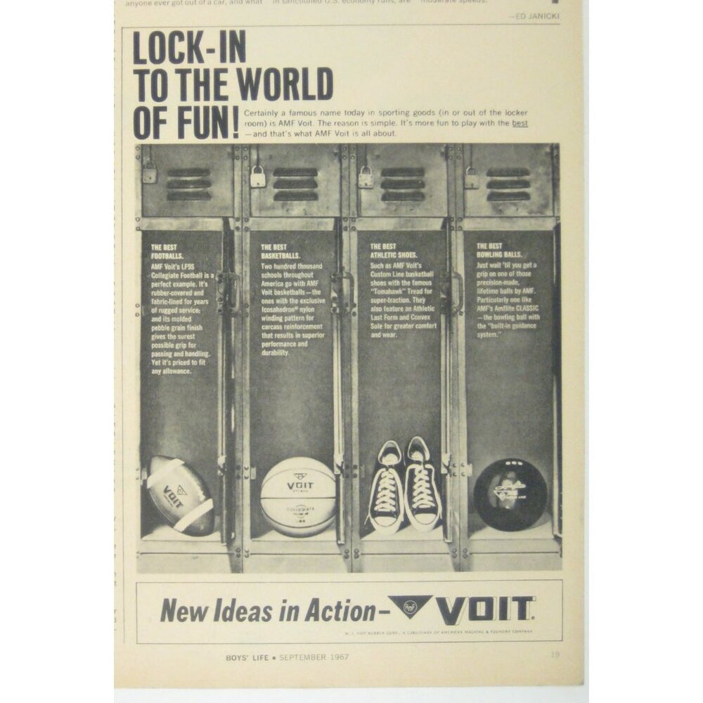 Lock In To The World Of Fun 1967 Voit Print Ad Football Basketball Shoes Bowling